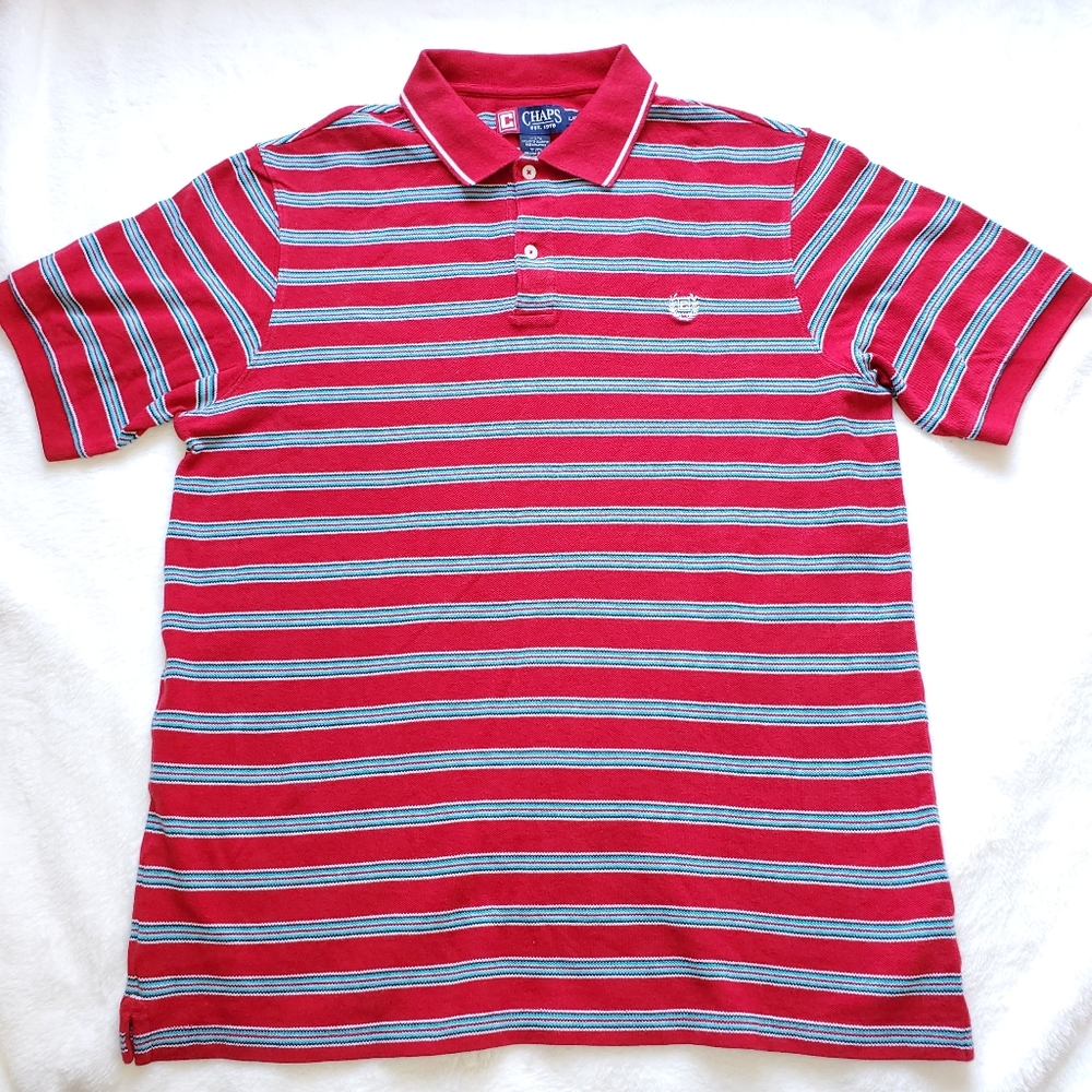 Chaps Men's large Collared polo shirt red blue stips cotton
